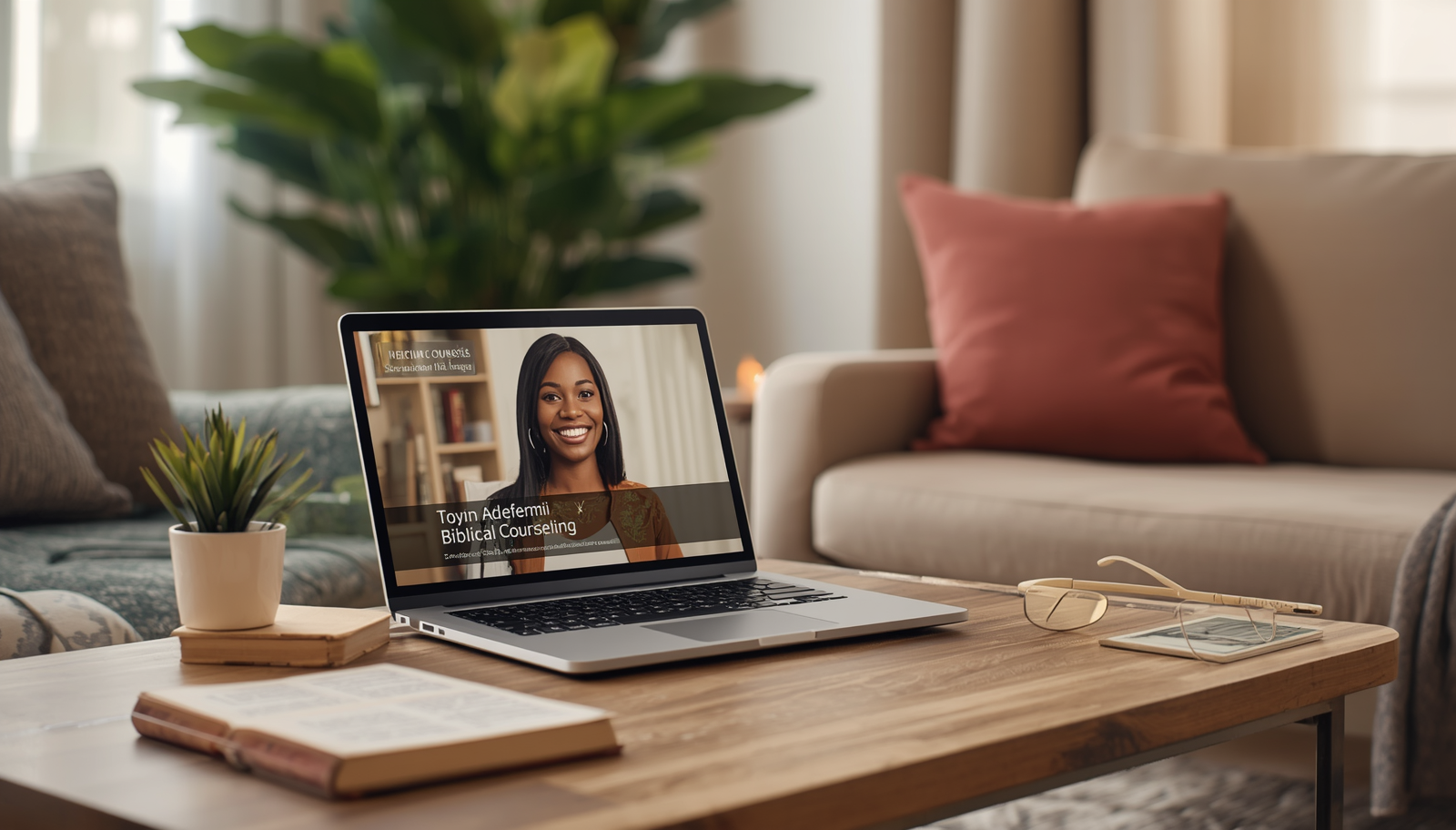 A peaceful home setting for a virtual counseling session with Toyin Adefemi
