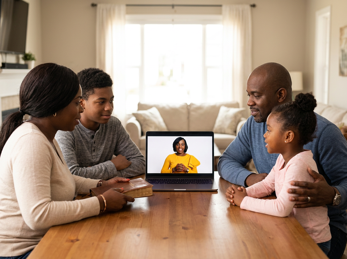 A family video-counseling session at the kitchen table